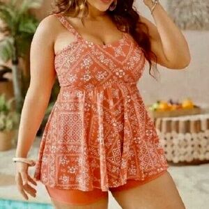 NWT Bloomchic Cute Coral Bandana Print Swimsuit Fluuter Top & Swim Shorts 18 20